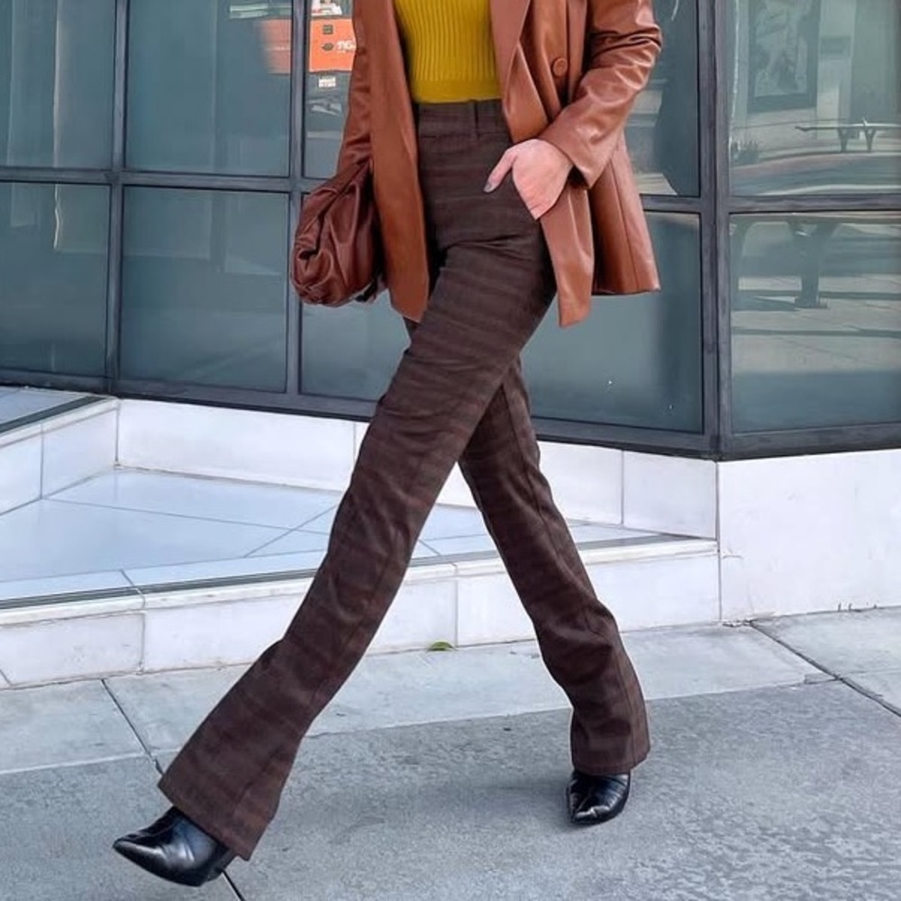 Mango Straight Leg Brown Plaid Pants
